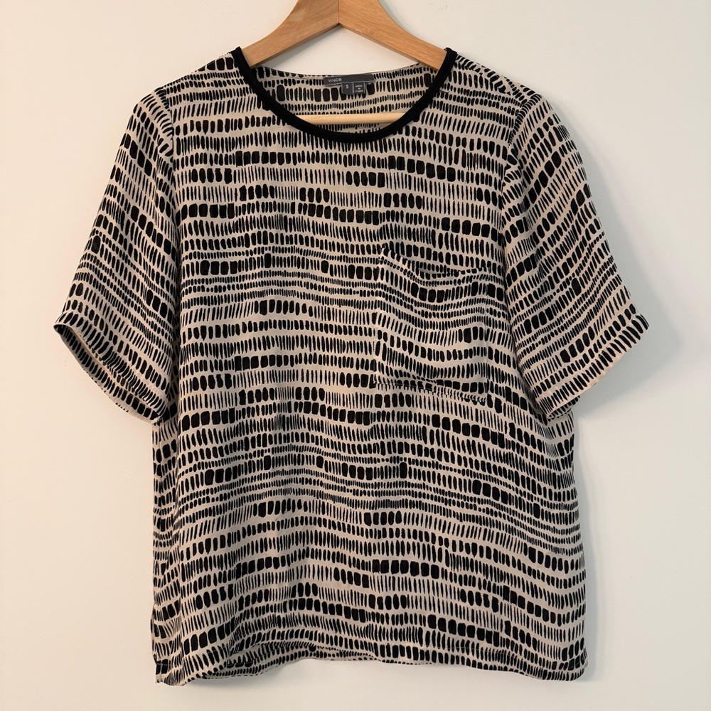 Vince Black and Cream Abstract Stripe Short Sleeve Top